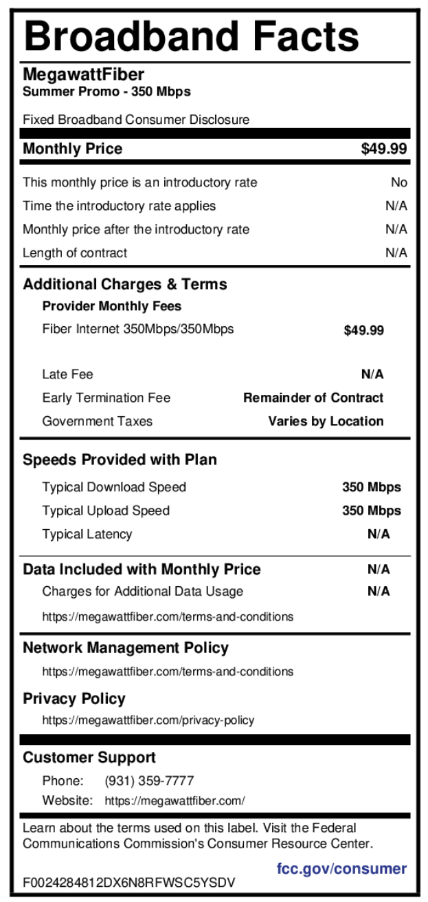 MegaWatt Fiber Broadband Facts label — 350 Mbps plan
