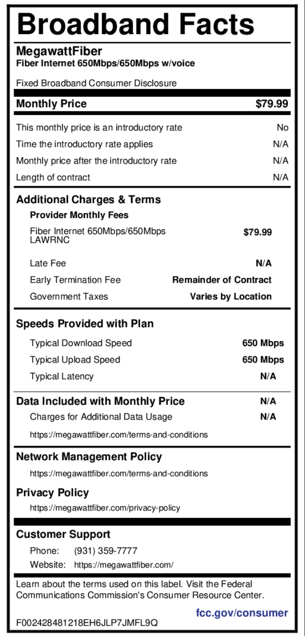 MegaWatt Fiber Broadband Facts label — 650 Mbps plan