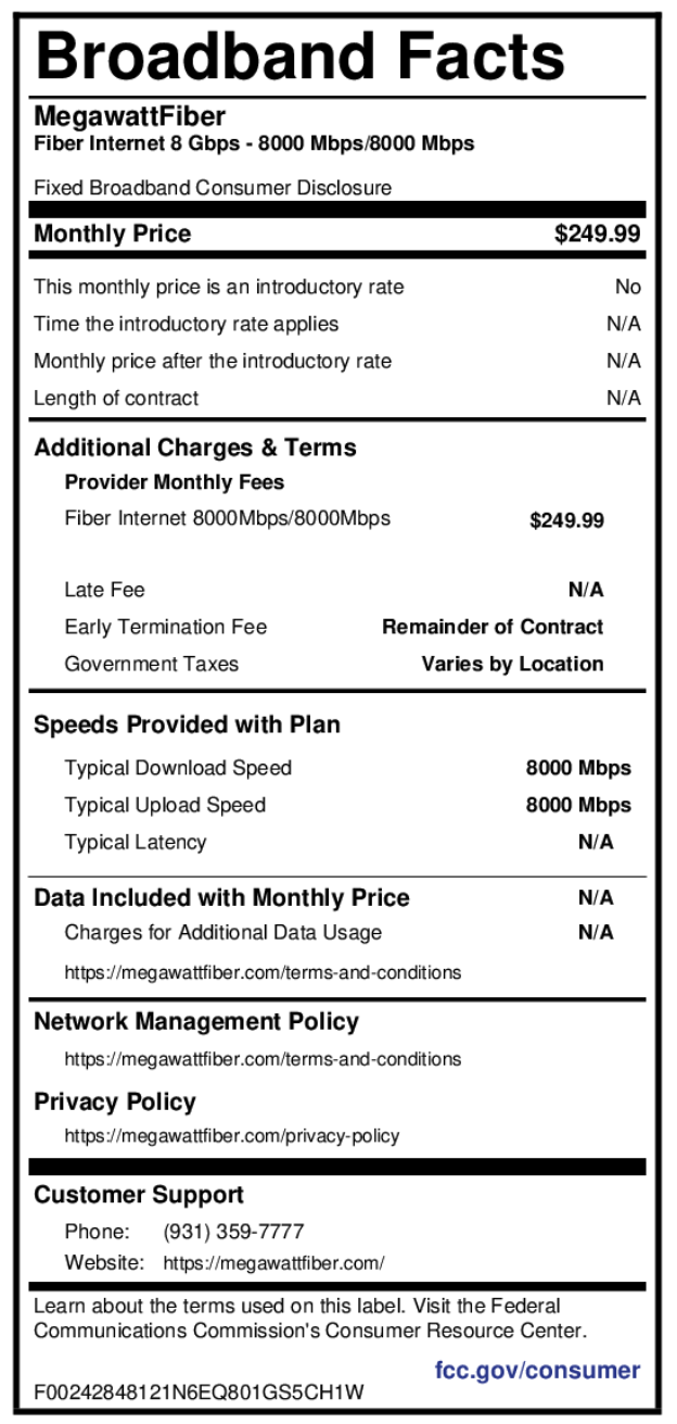 MegaWatt Fiber Broadband Facts label — 8 Gig plan